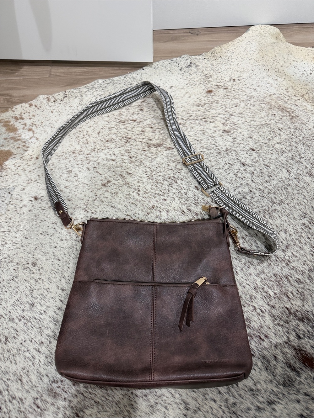 Women's Brown Faux-Leather Crossbody Bag with Patterned Strap